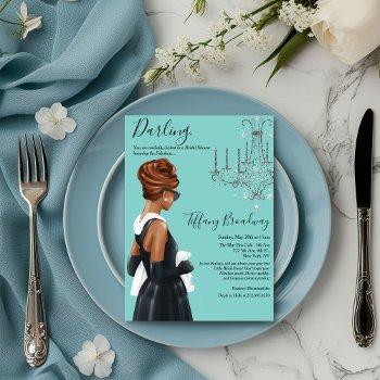 little black dress blue glam bridal shower invitation