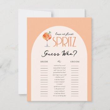 love at first spritz guess who bridal shower game invitation