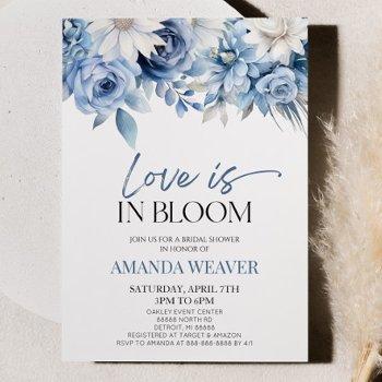 love is in bloom blue floral flower bridal shower invitation