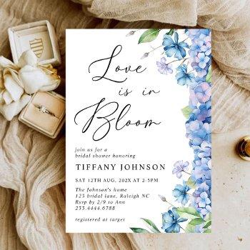love is in bloom blue hydrangea bridal shower invitation