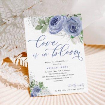 love is in bloom bridal shower blue silver flowers invitation