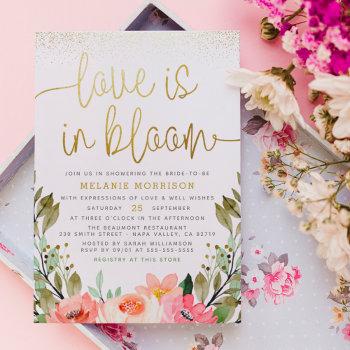 love is in bloom | gold blush floral bridal shower invitation