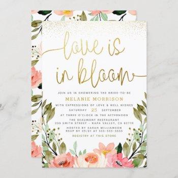 love is in bloom | gold blush floral bridal shower invitation