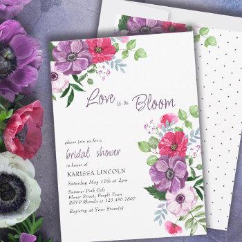 love is in bloom purple pink floral bridal shower invitation