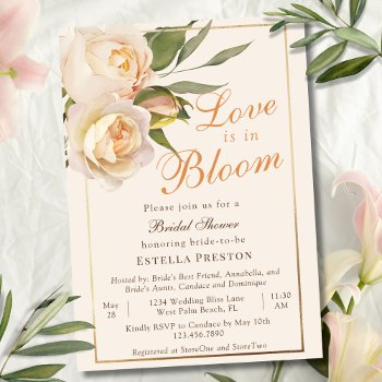 love is in bloom white roses cream bridal shower invitation