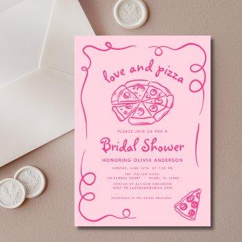 love & pizza italian hand drawn pink bridal shower invitation