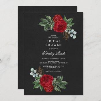 lush red peonies watercolor black bridal shower invitation