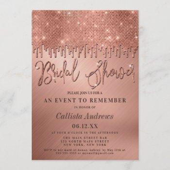 luxury rose gold glitter pixels bridal shower invitation