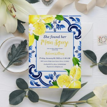main sqeeze blue tile lemon citrus bridal shower invitation
