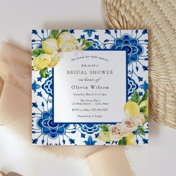 main squeeze lemon and moroccan tile bridal shower invitation