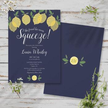 main squeeze lemon navy blue bridal shower invitation