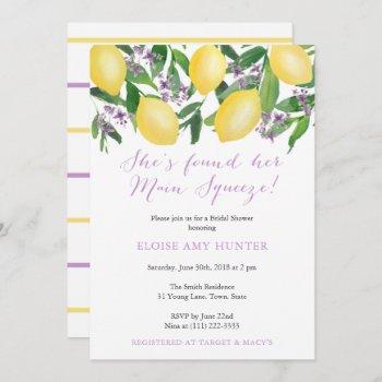 main squeeze yellow lemons purple bridal shower invitation