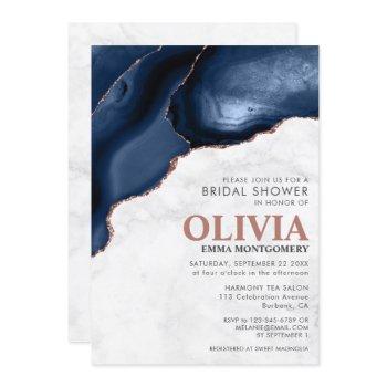 marble blue agate rose gold glitter bridal shower invitation