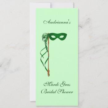 "mardi gras bridal shower" - green mask w/ ribbon invitation