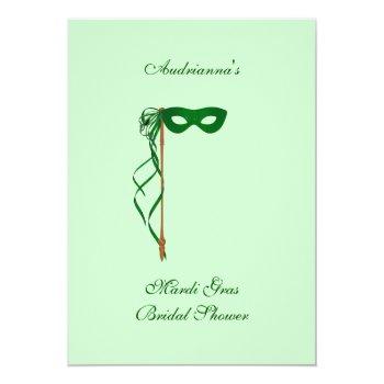 "mardi Gras Bridal Shower" - Green Mask W/ Ribbon Invitation Front View