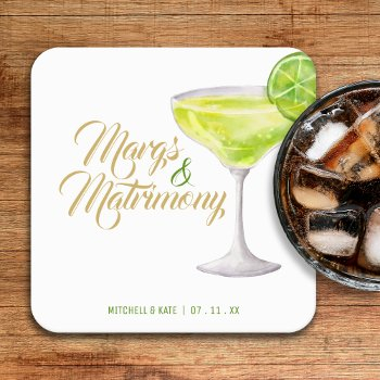 margs & matrimony green & gold bridal shower square paper coaster