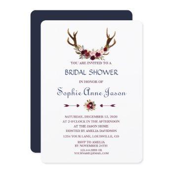marsala floral antlers navy fall bridal shower invitation