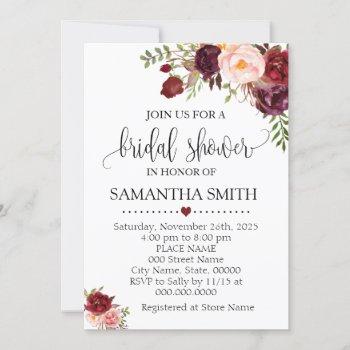 marsala floral romantic boho chic bridal shower invitation