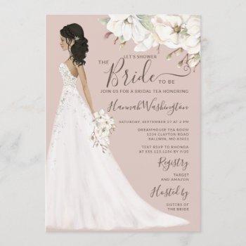 mauve magnolia bride in glitter gown bridal tea invitation
