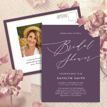 mauve purple modern minimalist bridal shower invitation postcard