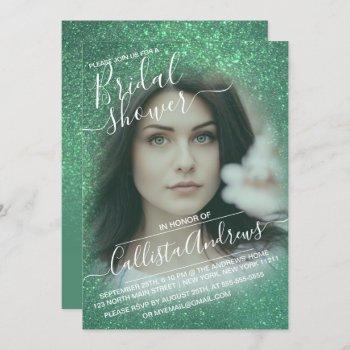 mermaid teal sparkly glitter photo bridal shower invitation