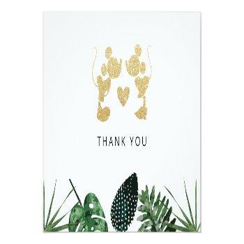 Mickey & Minnie | Tropical Faux Gold Bridal Shower Thank You Card Front View