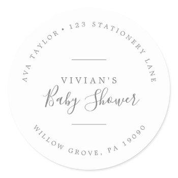minimal silver baby shower circular return address classic round sticker
