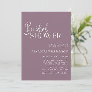 minimalist modern script purple bridal shower invitation