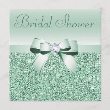 mint green sequins, bow & diamond bridal shower invitation