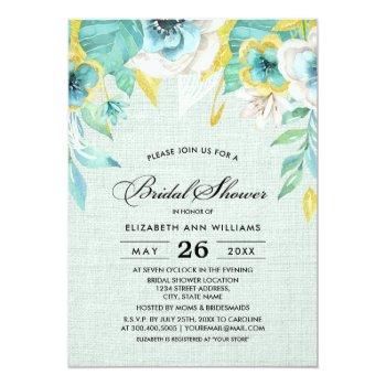 Mint Yellow Floral Burlap Bridal Shower Invites Front View