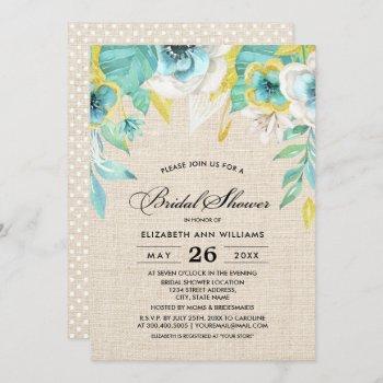 mint yellow floral burlap texture bridal shower invitation