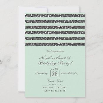 minty mint green & silver glitter stripes party invitation