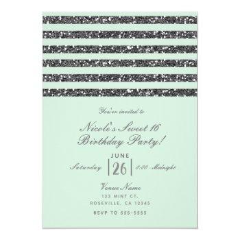 Minty Mint Green & Silver Glitter Stripes Party Invitation Front View