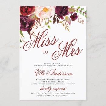 miss to mrs burgundy floral boho bridal shower invitation