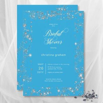 modern blue glam diamond frame bridal shower invitation