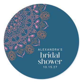 modern bohemian blue mandala bridal shower custom classic round sticker