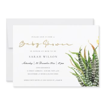 modern cactus floral garden watercolor baby shower invitation