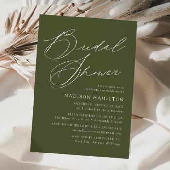 modern elegant script olive green bridal shower invitation