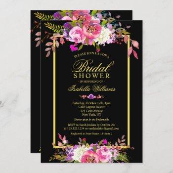 modern floral black gold bridal shower invitation