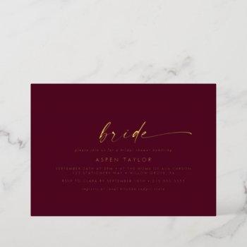 modern gold foil script burgundy bridal shower foil invitation