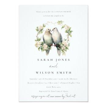 Modern Love Birds Botanical Wreath Couples Shower Invitation Front View