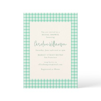 modern mint green gingham plaid bridal shower invitation