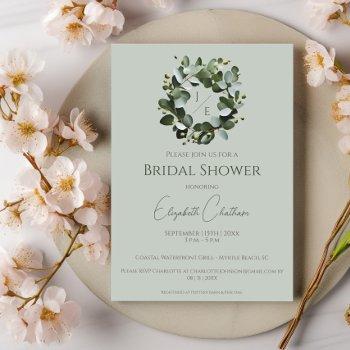 modern monogram eucalyptus wreath bridal shower invitation