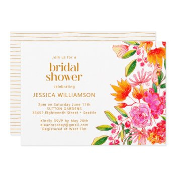 modern pink orange watercolor floral bridal shower invitation