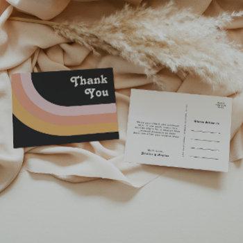 modern retro 70's rainbow dark wedding thank you postcard