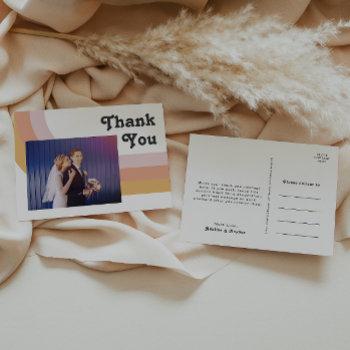 modern retro 70's rainbow photo wedding thank you postcard