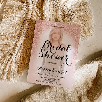 modern rose gold glitter ombre photo bridal shower invitation