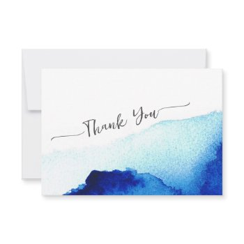 modern script watercolor indigo blue wedding thank you card
