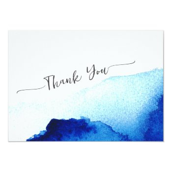 Modern Script Watercolor Indigo Blue Wedding Thank You Card Front View
