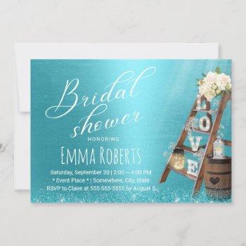 modern turquoise love wood ladder bridal shower invitation
